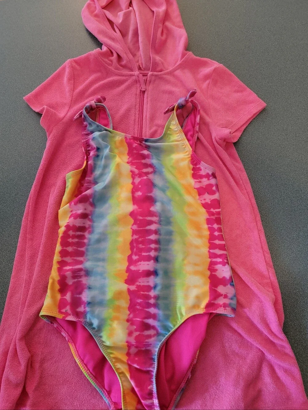 SO Tie Dye One Piece Swimsuit + Wonder Nation Pink Hooded Cover Up Size 10/12